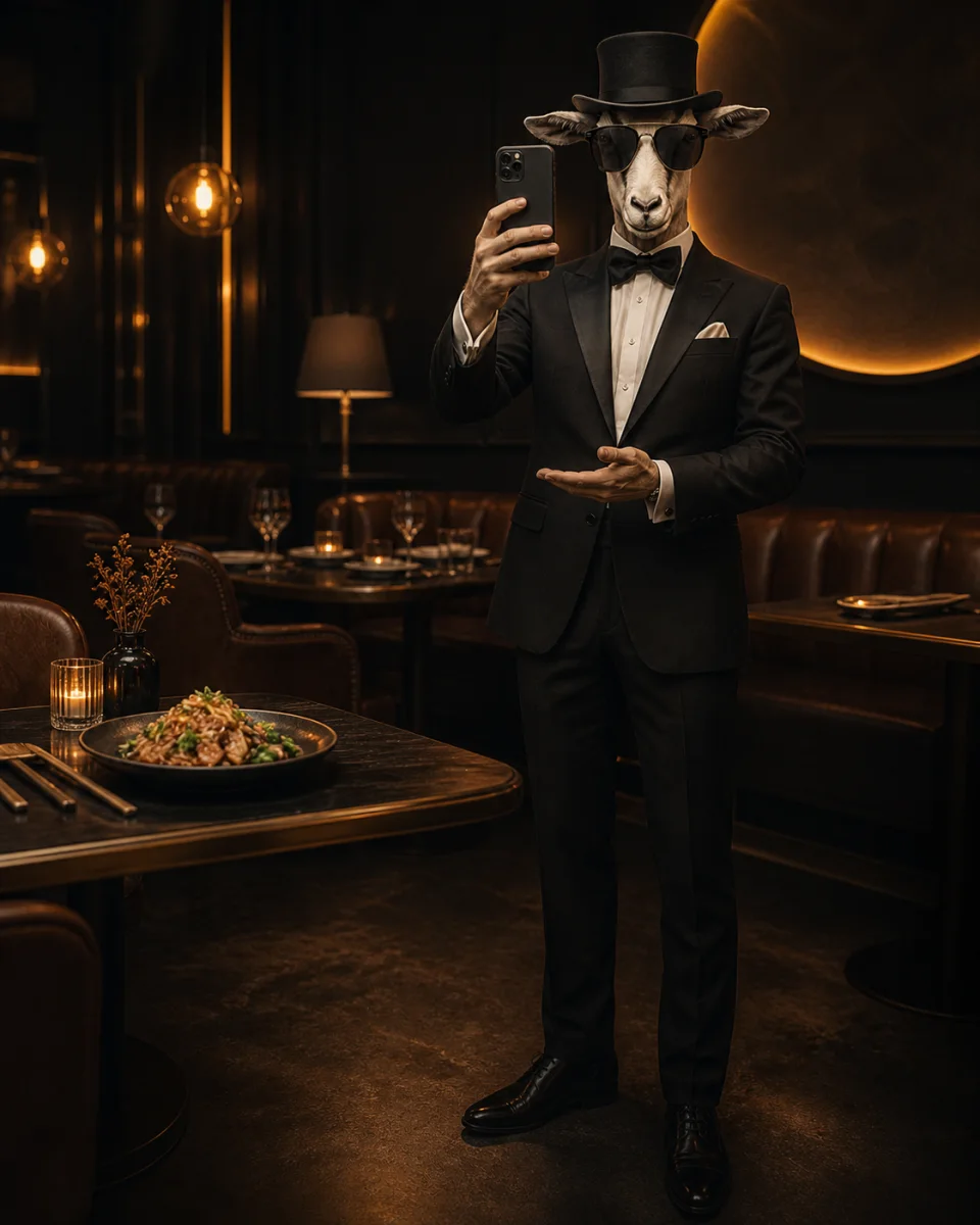 GOAT mascot dressed as an elegant social media warrior